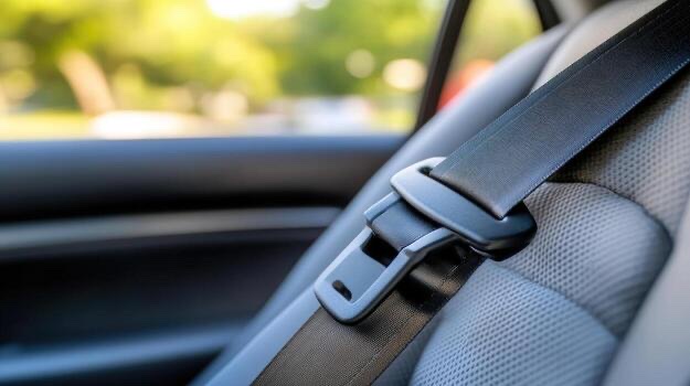 A seatbelt and its upper guide beside a vehicle door pillar with daylight behind